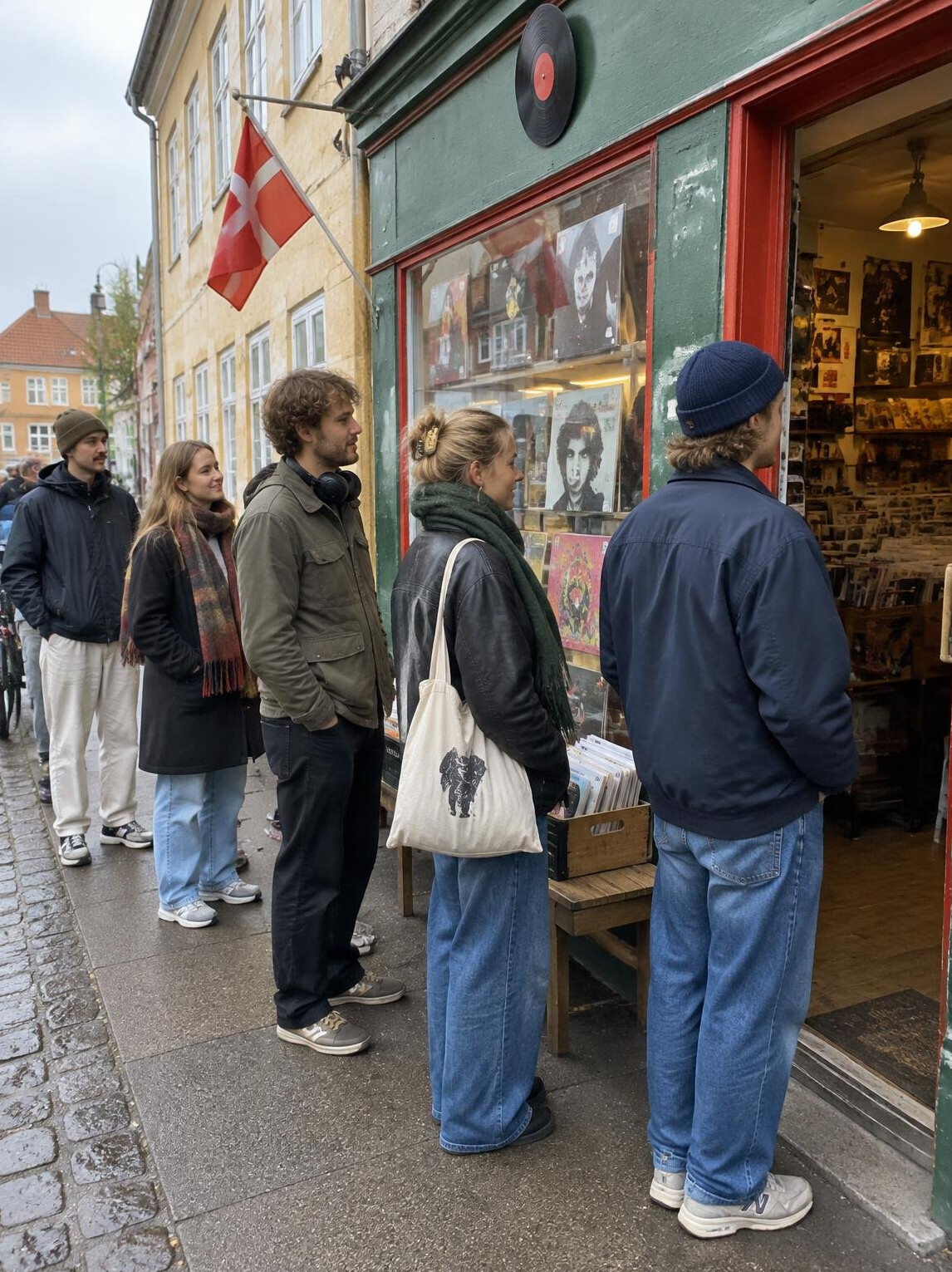 People queuing outside a vintage record shop