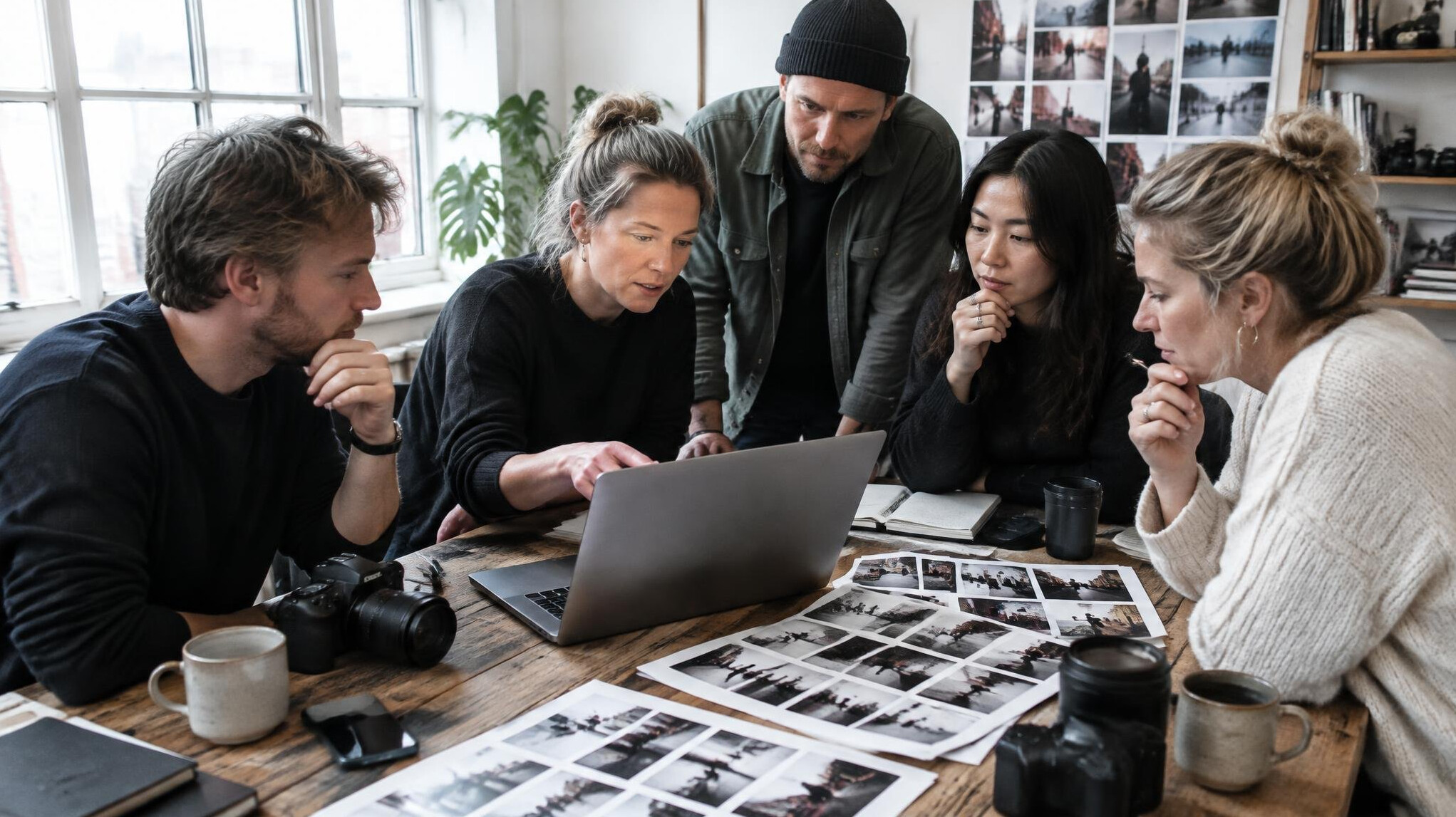 Team of photographers and writers reviewing photos together at a wooden table
