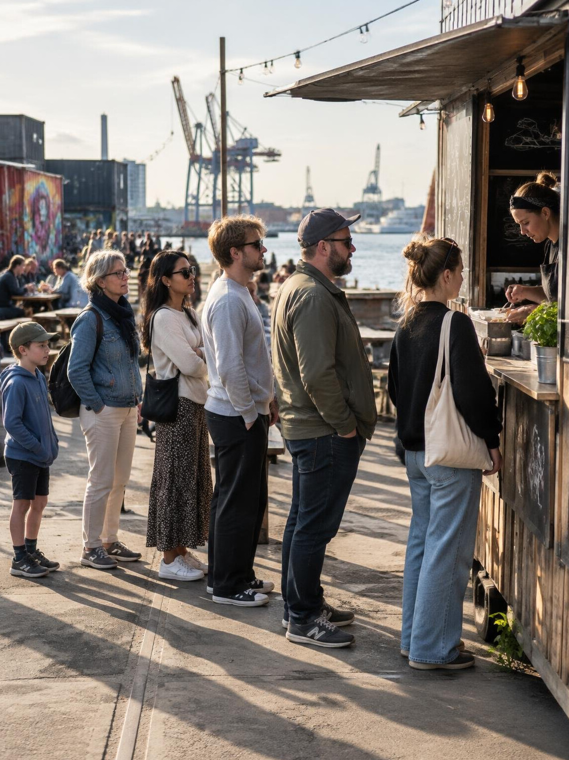 People queuing at a street food market stall in Copenhagen