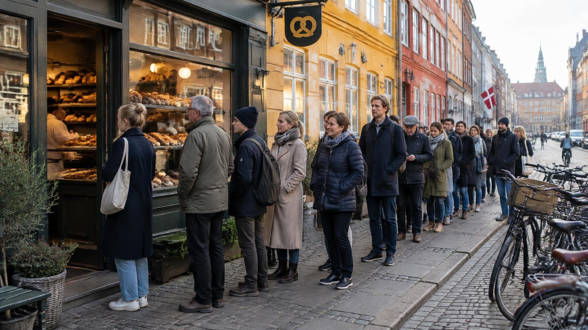 People queuing outside a bakery on a Copenhagen street in the morning